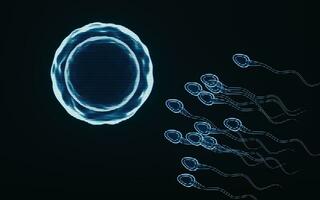 Holographic image of sperm and egg cell, futuristic element, 3d rendering. photo