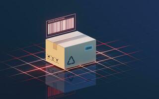 Carton and bar code, commodity inspection and transportation, 3d rendering. photo
