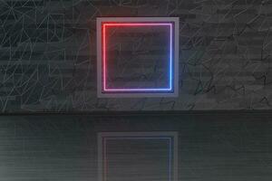 Reflective metal floor with neon lines, 3d rendering. photo