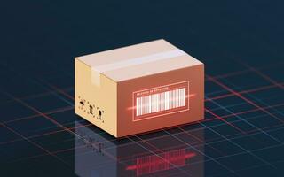 Carton and bar code, commodity inspection and transportation, 3d rendering. photo