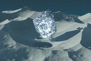 Crack cube and mountain peaks at night, mountains terrain, 3d rendering. photo