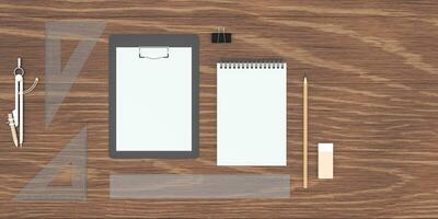 Various of stationery with wooden background, 3d rendering. photo