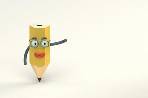 Cartoon pencil character with white background, 3d rendering. photo