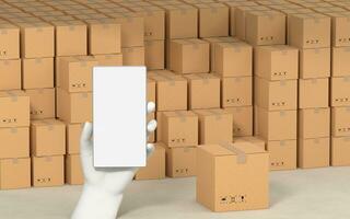 Stacked cardboard box with operating mobile phone, 3d rendering. photo