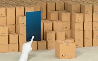 Stacked cardboard box with operating mobile phone, 3d rendering. photo