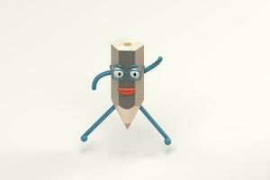 Cartoon pencil character with white background, 3d rendering. photo