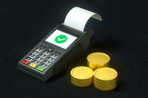 POS machine and golden coins, 3d rendering. photo