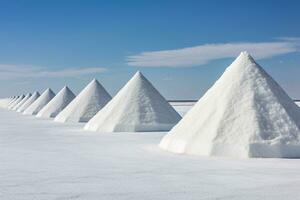 Sea salt farm. Pile of white salt. Raw material of salt industrial. Sodium Chloride mineral. Evaporation and crystallization of sea water. White salt harvesting. Agriculture industry. Generative AI photo