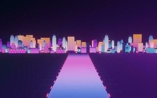 Downtown city, neon glowing building, 3d rendering. photo