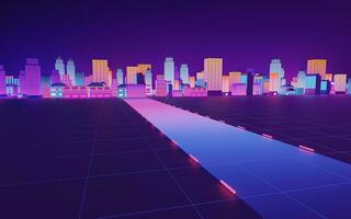 Downtown city, neon glowing building, 3d rendering. photo