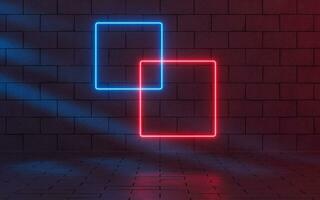 Glowing neon lines with brick background, 3d rendering. photo