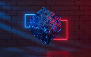 Glowing neon lines with cubic material, 3d rendering. photo