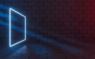 Glowing neon lines with brick background, 3d rendering. photo