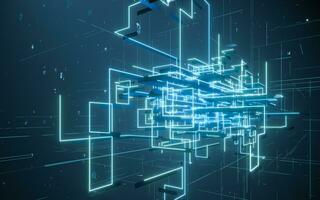 Glowing electronics lines with circuit structure, 3d rendering. photo