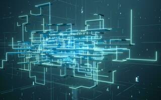 Glowing electronics lines with circuit structure, 3d rendering. photo