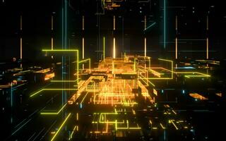 Glowing electronics lines with circuit structure, 3d rendering. photo