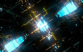 Glowing electronics lines with circuit structure, 3d rendering. photo