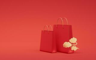 Red shopping bags with red background, 3d rendering. photo