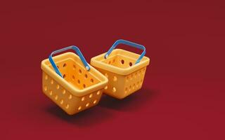 Empty shopping basket with red background, 3d rendering. photo