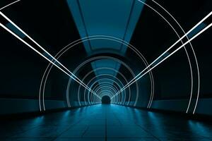oscuro redondo túnel con brillante neón luces, 3d representación. foto