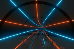 Dark tunnel with glowing laser background, 3d rendering. photo