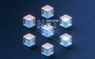 NFT nonfungible tokens concept with dark background, 3d rendering. photo