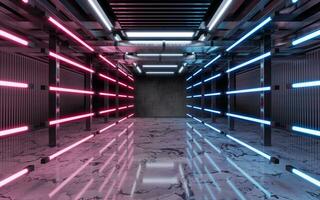 Dark building with neon illumination, 3d rendering. photo