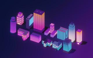 Downtown city, neon glowing building, 3d rendering. photo