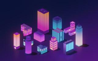 Downtown city, neon glowing building, 3d rendering. photo