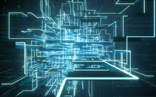 Glowing electronics lines with circuit structure, 3d rendering. photo