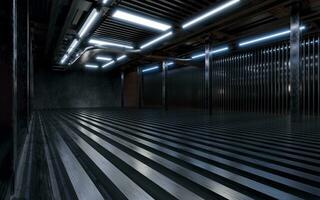 Dark building with neon illumination, 3d rendering. photo