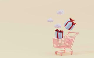 Shopping cart and gifts, shopping theme, 3d rendering. photo