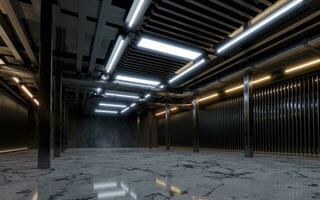 Dark building with neon illumination, 3d rendering. photo