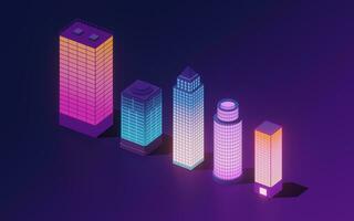 Downtown city, neon glowing building, 3d rendering. photo