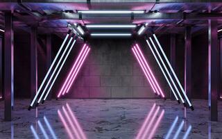 Dark building with neon illumination, 3d rendering. photo