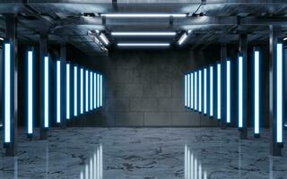 Dark building with neon illumination, 3d rendering. photo