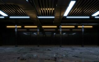 Dark building with neon illumination, 3d rendering. photo