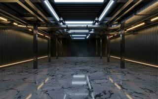 Dark building with neon illumination, 3d rendering. photo