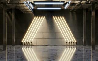 Dark building with neon illumination, 3d rendering. photo