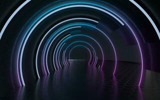 Dark tunnel with neon glowing lines, 3d rendering. photo