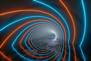 oscuro túnel con brillante láser fondo, 3d representación. foto
