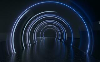 Dark tunnel with neon glowing lines, 3d rendering. photo