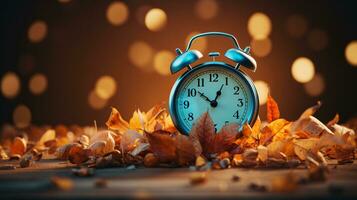 luz ahorro tiempo. alarma reloj y naranja color hojas en de madera mesa. otoño tiempo. otoño hora cambiar. otoño hojas otoño y invierno enfoques, el concepto de luz ahorro tiempo. generativo ai. foto