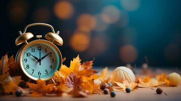 Daylight Saving Time. Alarm clock and orange color leaves on wooden table. Autumn time. Fall time change. Autumn leaves fall and winter approaches, the concept of daylight saving time. Generative AI. photo