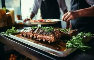 Two chefs in a modern restaurant kitchen prepare grilled pork ribs and beef steak with herbs, ready to serve and eat. photo