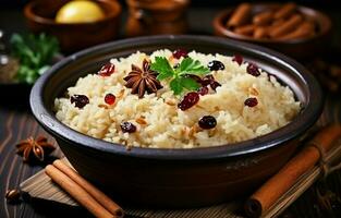 Traditional Ukrainian kutia is a sweet rice porridge with nuts, typically served during Orthodox Christmas as part of a Slavic holiday ritual. photo