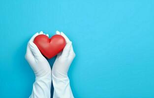 Doctor's hands in medical gloves in the shape of a heart on a blue background. Banner for a website with copy space. photo