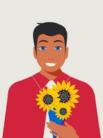 A handsome guy with short black hair and blue eyes in a red shirt and white tie holds a bouquet of yellow sunflowers in his hand. Vector. vector