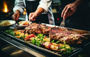 Two chefs in a modern restaurant kitchen prepare grilled pork ribs and beef steak with herbs, ready to serve and eat. photo