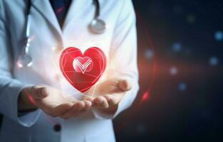 A doctor holding a red heart and a modern virtual screen interface with medical icons representing the connection between service and medical technology. photo
